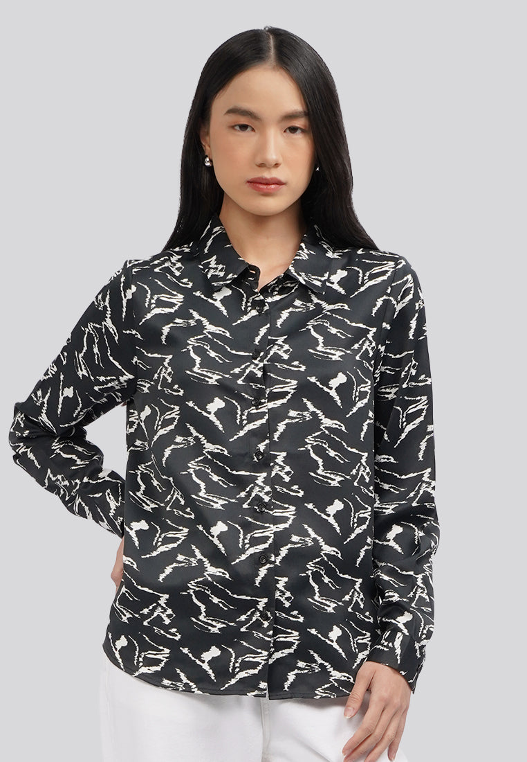 Printed Long Sleeve Blouse Black