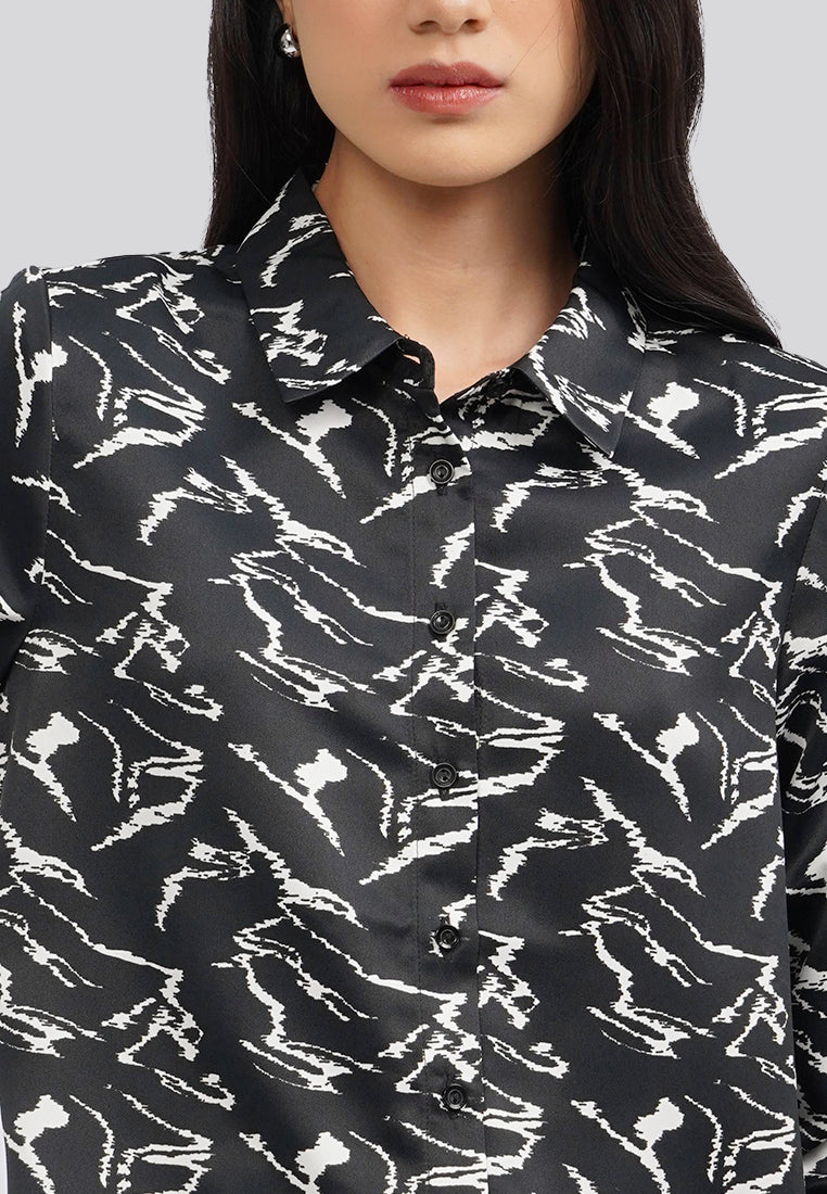Printed Long Sleeve Blouse Black
