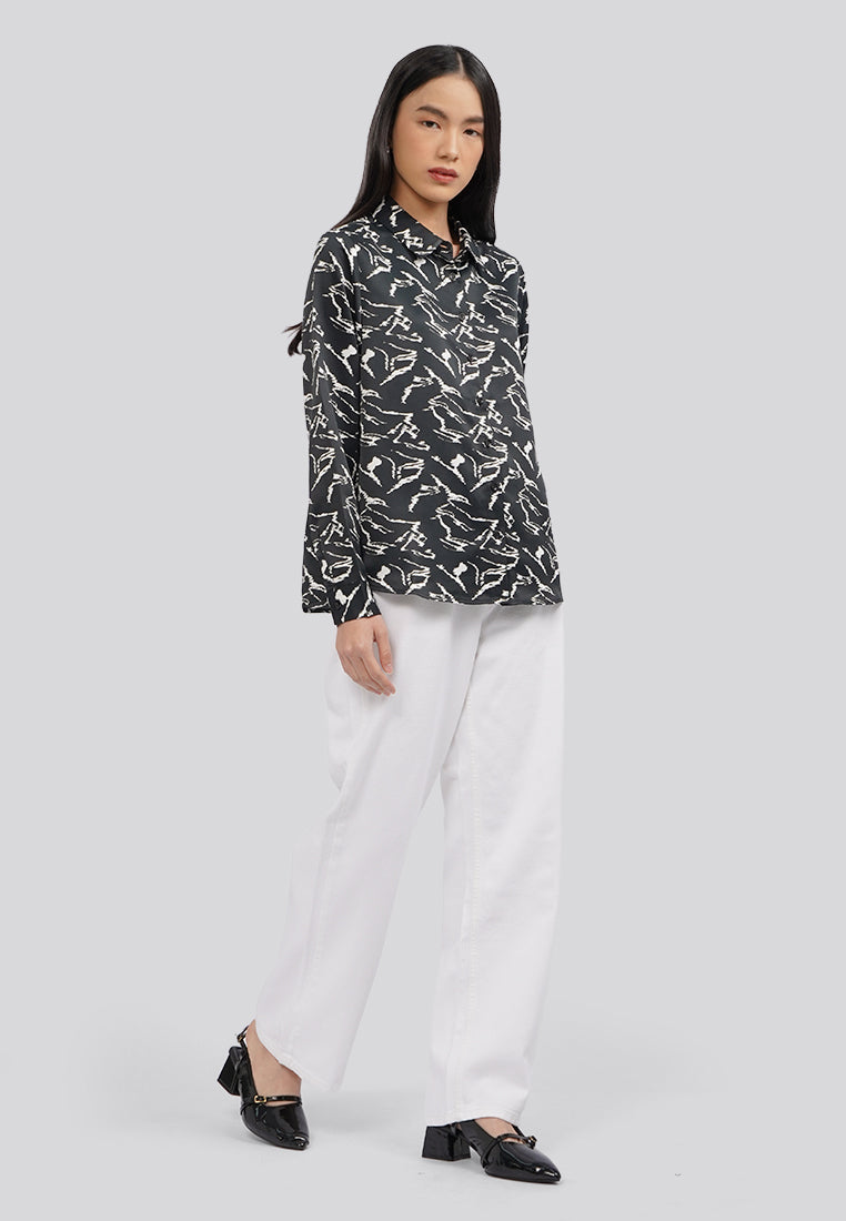 Printed Long Sleeve Blouse Black