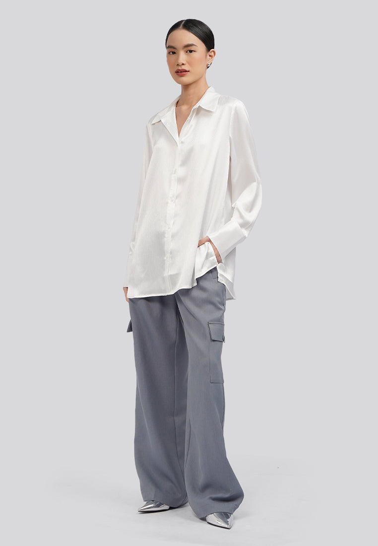 Long Sleeve Satin Blouse Off White