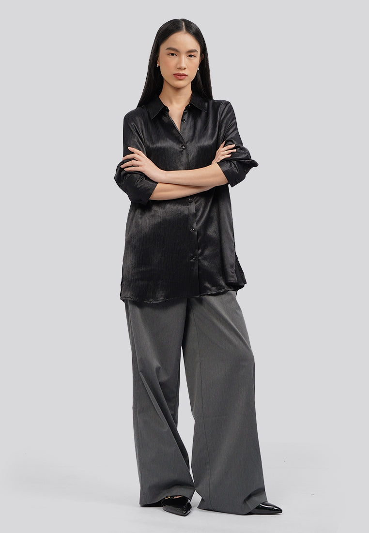 Long Sleeve Satin Blouse Black