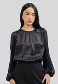 Long Sleeve Gathered Crop Blouse Black