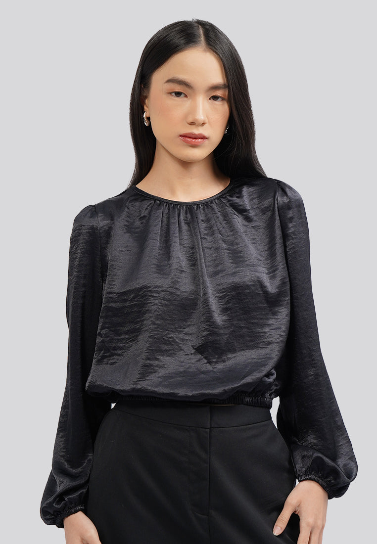 Long Sleeve Gathered Crop Blouse Black
