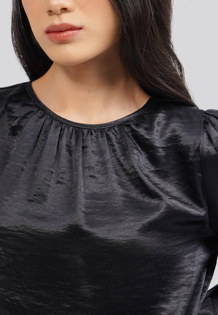 Long Sleeve Gathered Crop Blouse Black