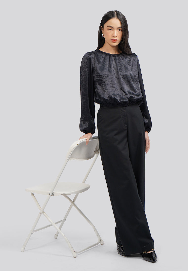 Long Sleeve Gathered Crop Blouse Black