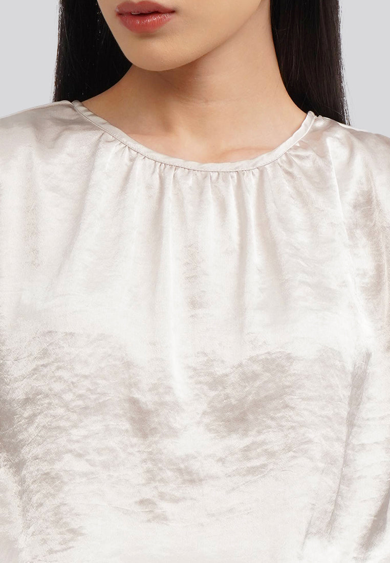 Long Sleeve Gathered Crop Blouse Beige