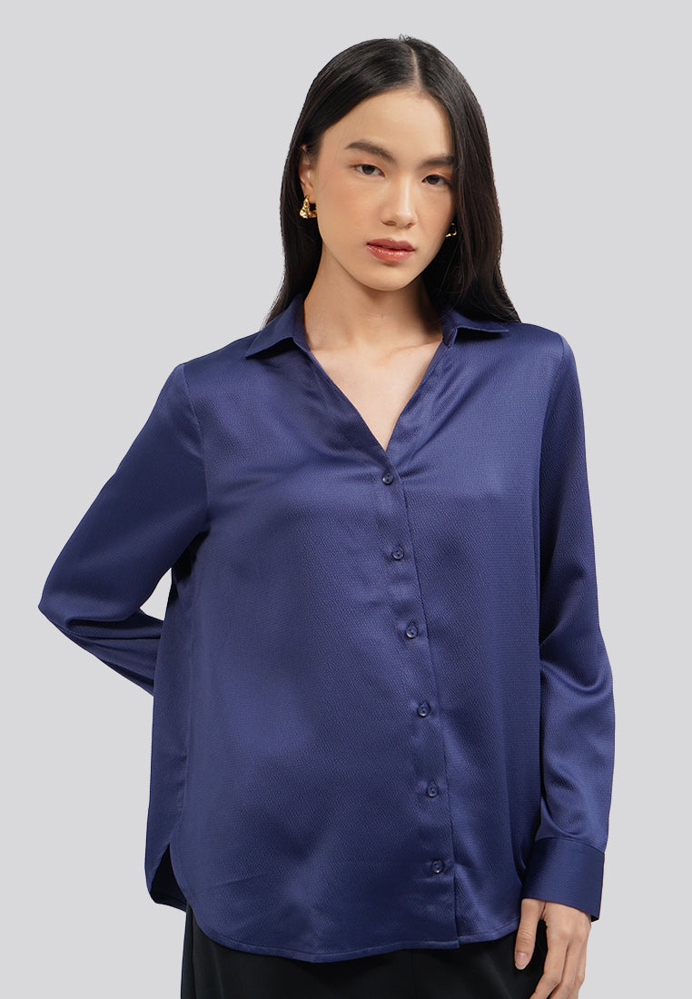 V-Neck Long Sleeve Satin Blouse Navy