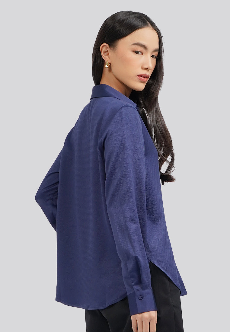 V-Neck Long Sleeve Satin Blouse Navy