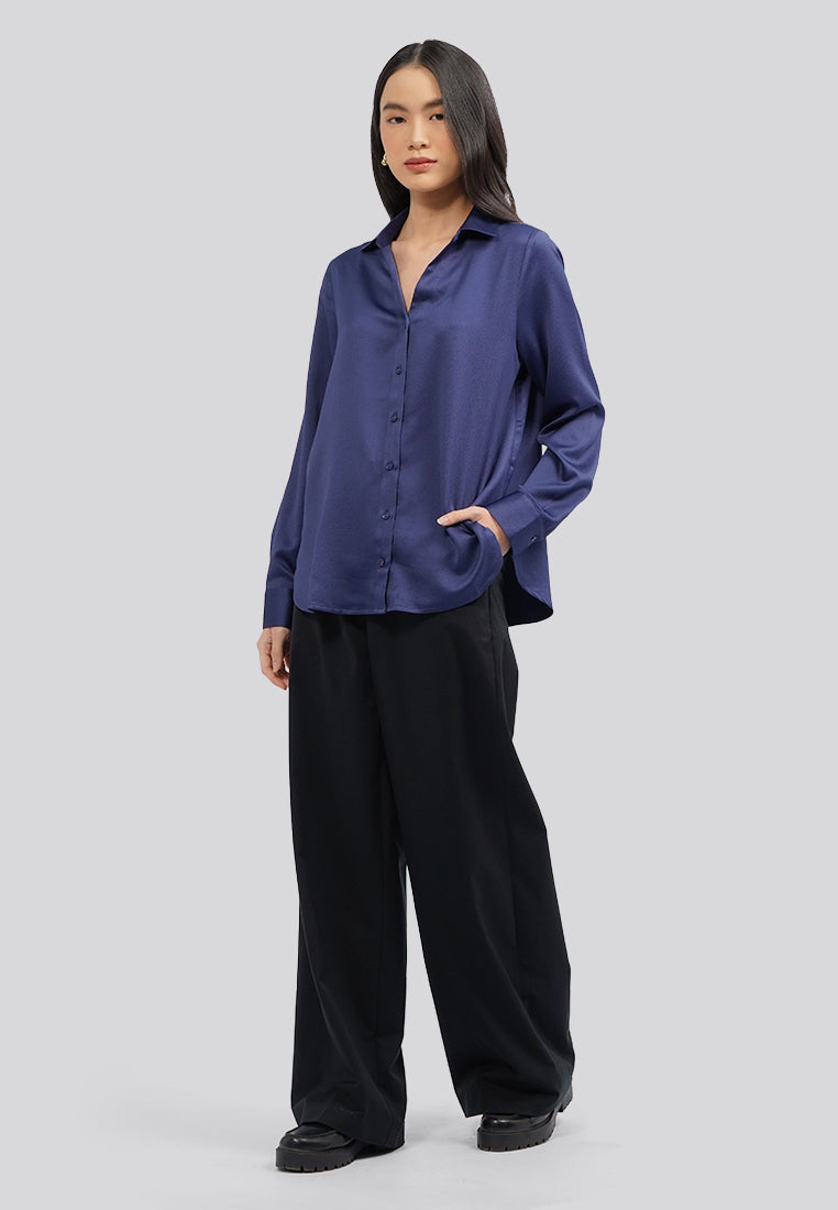 V-Neck Long Sleeve Satin Blouse Navy