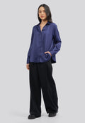 V-Neck Long Sleeve Satin Blouse Navy