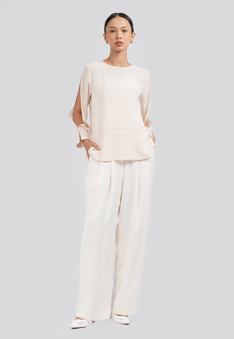 Round Neck Open Sleeve Blouse Ecru