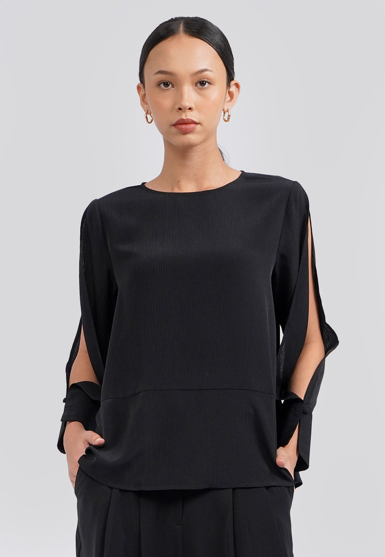 Round Neck Open Sleeve Blouse Black