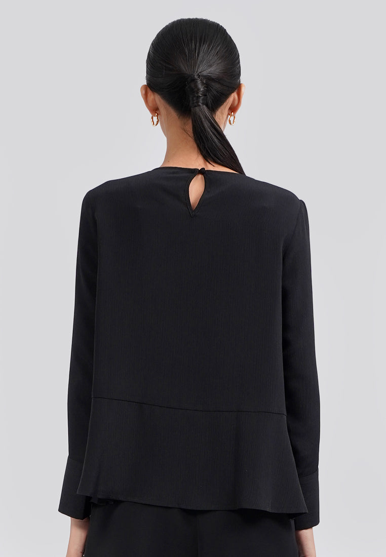 Round Neck Open Sleeve Blouse Black