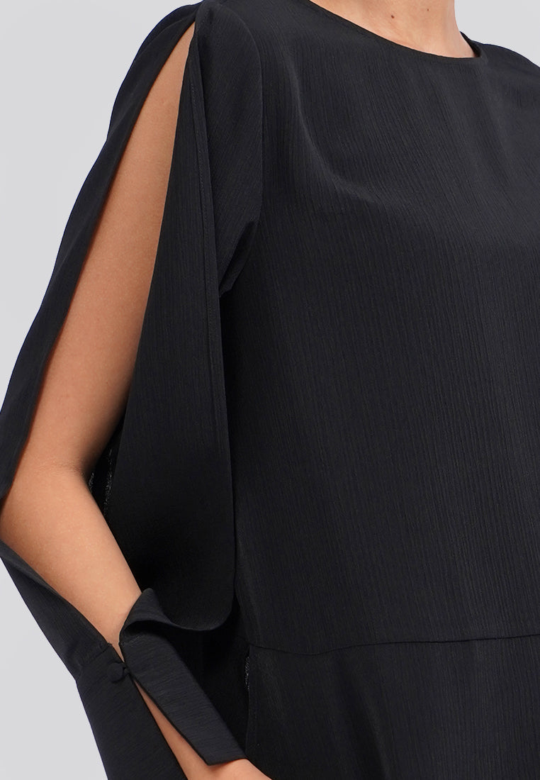 Round Neck Open Sleeve Blouse Black