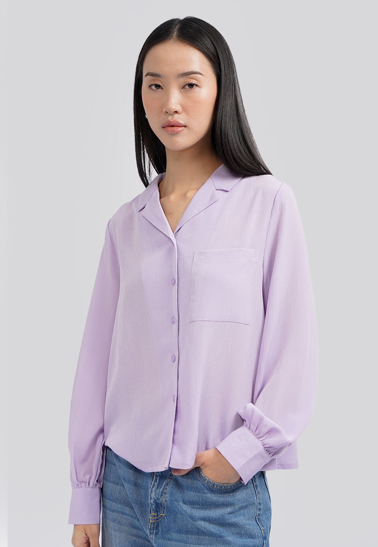 Notch Collar Puff Sleeves Blouse with Pocket