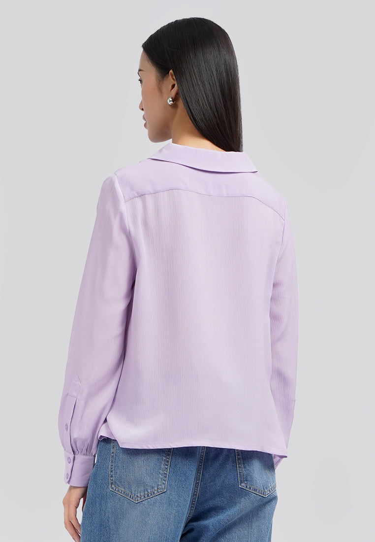 Notch Collar Puff Sleeves Blouse with Pocket