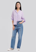 Notch Collar Puff Sleeves Blouse with Pocket