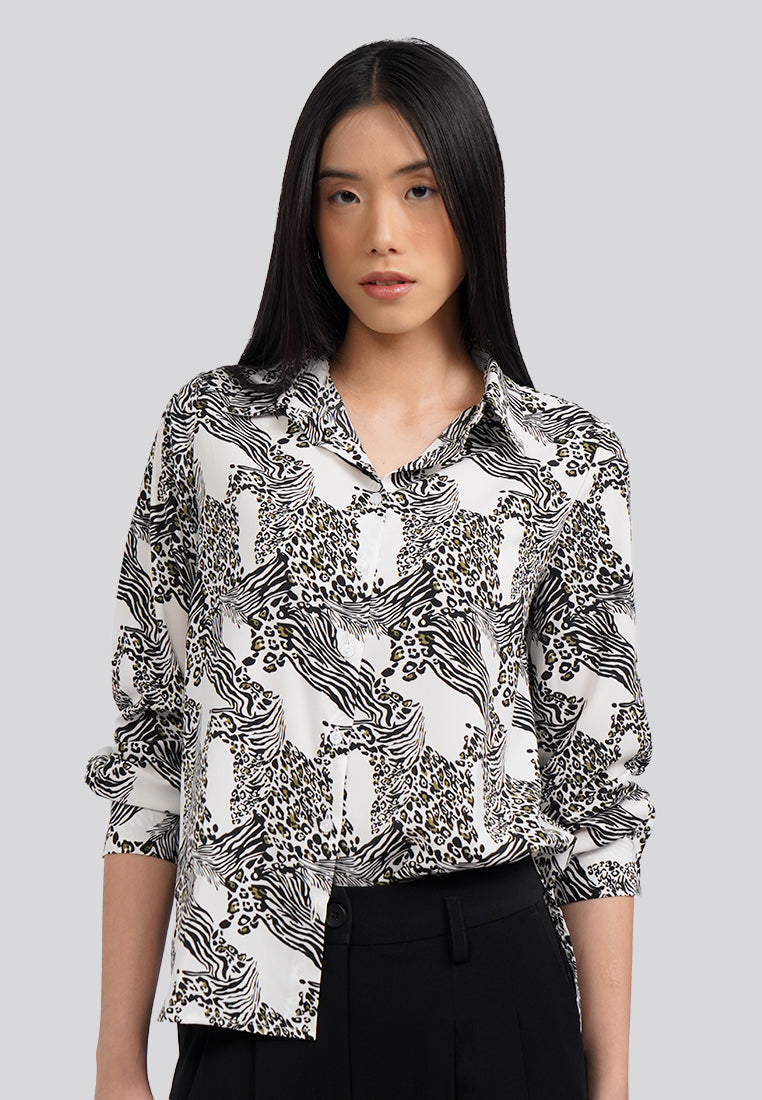 Animal Printed Long Sleeve Blouse Off White