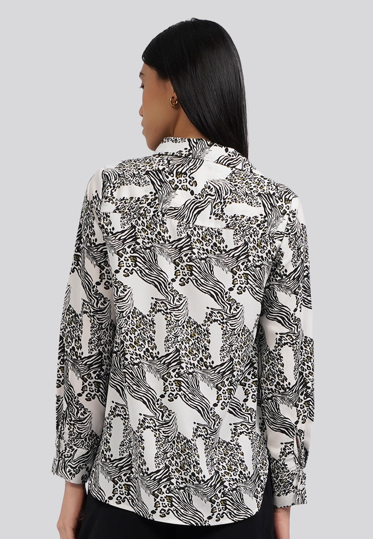 Animal Printed Long Sleeve Blouse Off White