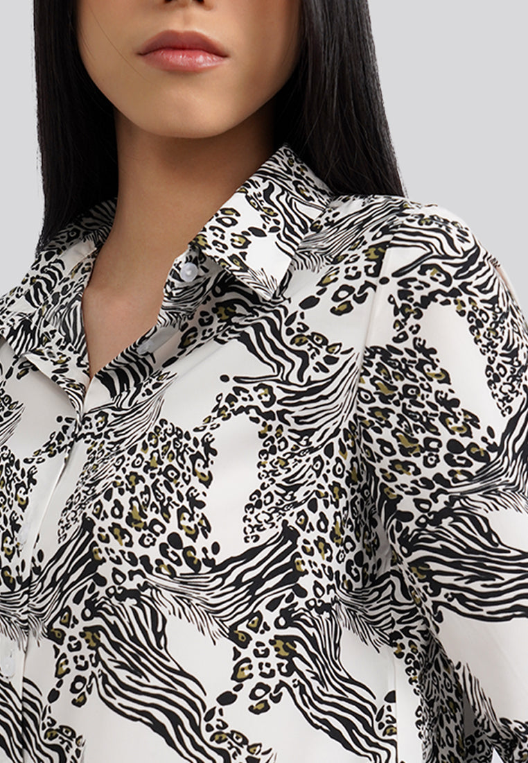 Animal Printed Long Sleeve Blouse Off White