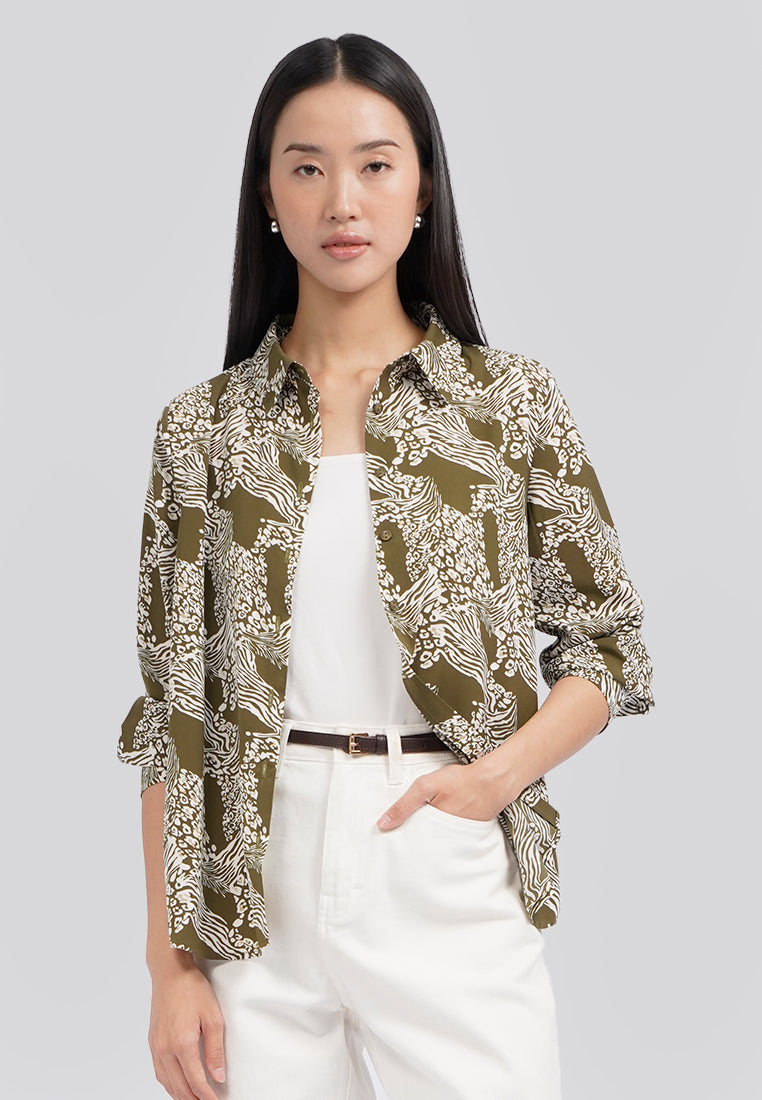 Animal Printed Long Sleeve Blouse Olive