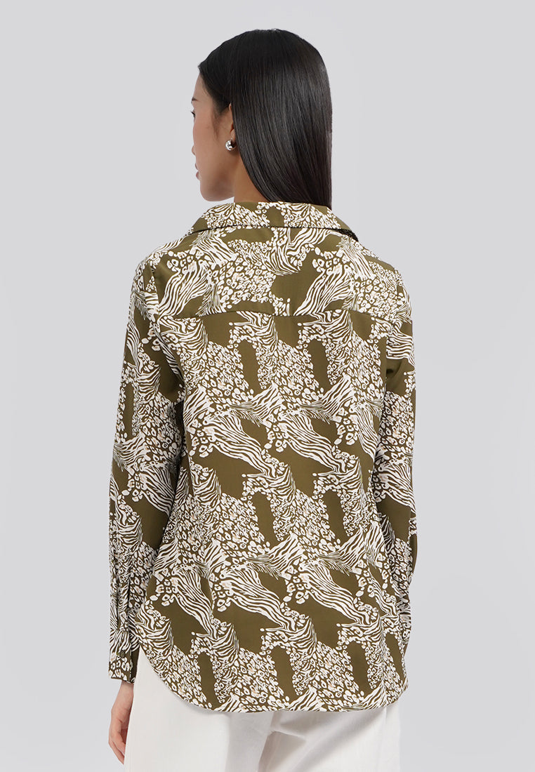Animal Printed Long Sleeve Blouse Olive