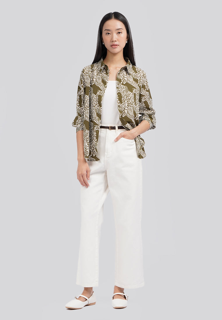Animal Printed Long Sleeve Blouse Olive