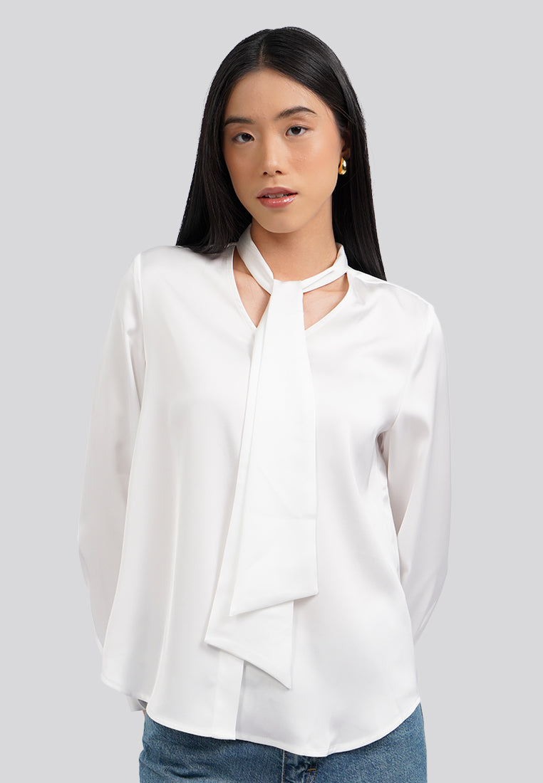 Tie Neck Long Sleeve Blouse Off White