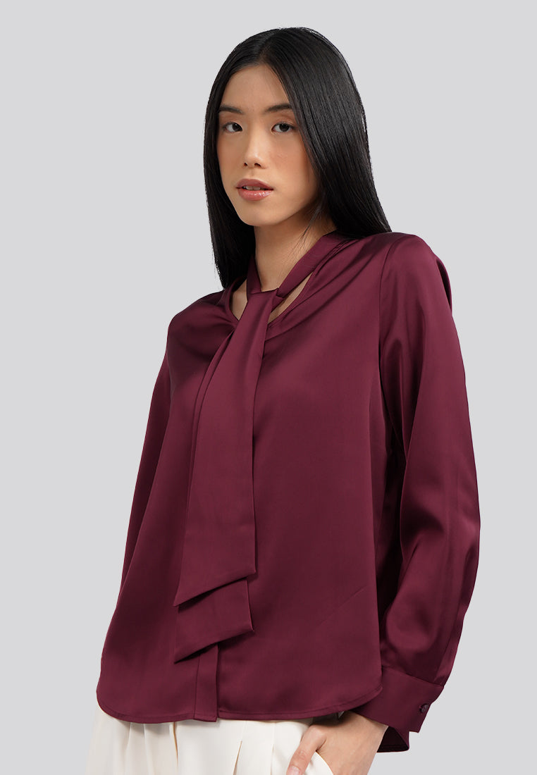 Tie Neck Long Sleeve Blouse Berry
