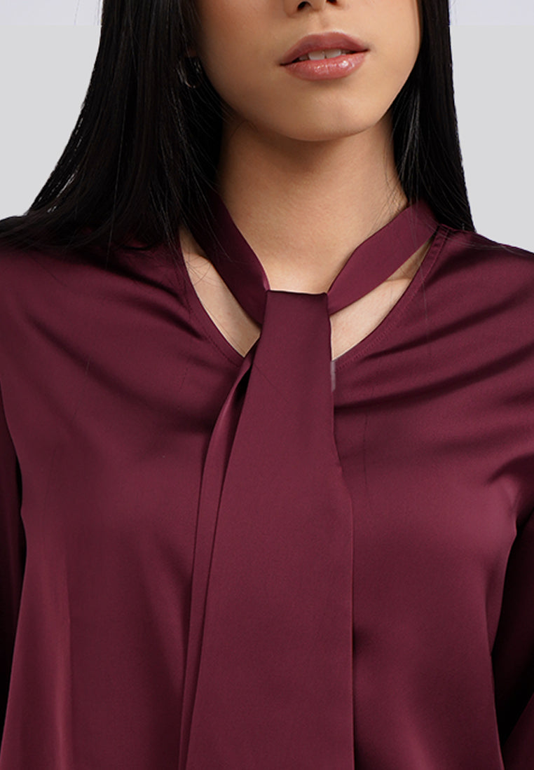 Tie Neck Long Sleeve Blouse Berry
