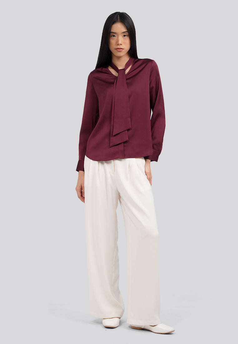 Tie Neck Long Sleeve Blouse Berry