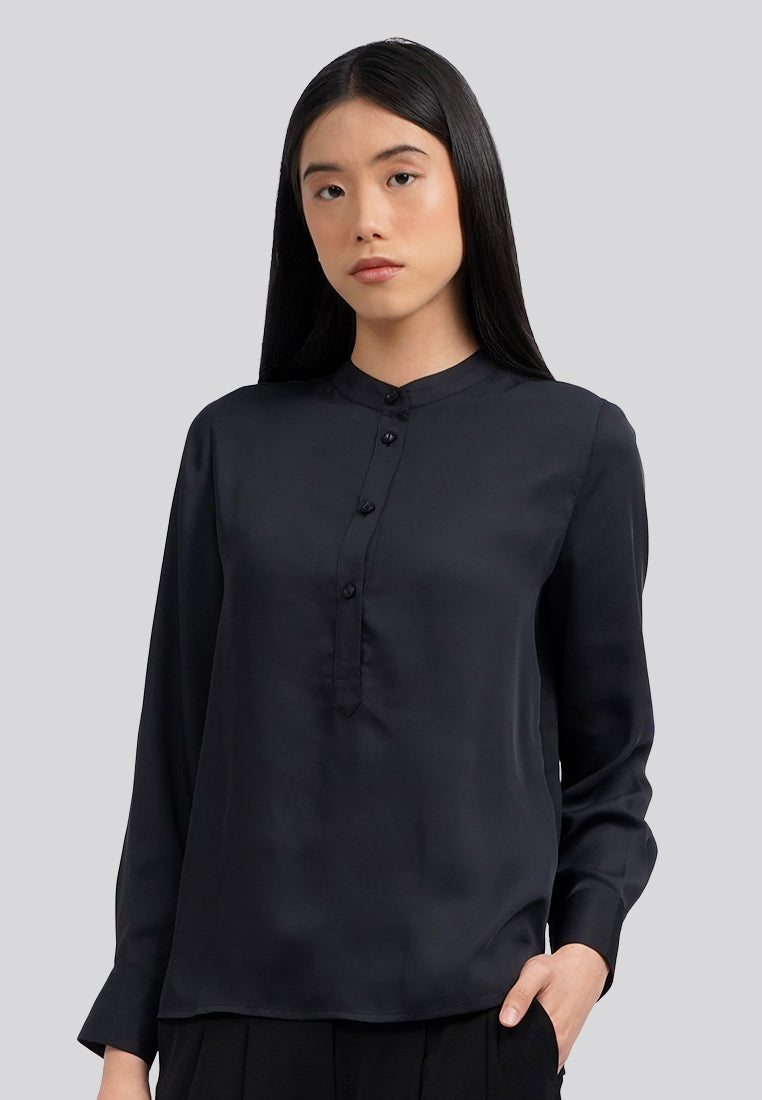Mandarin Collar Half Placket Blouse Black