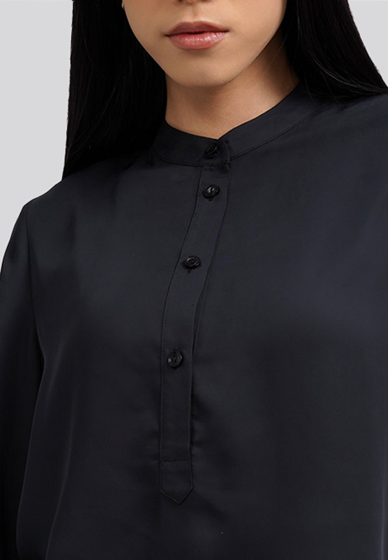 Mandarin Collar Half Placket Blouse Black