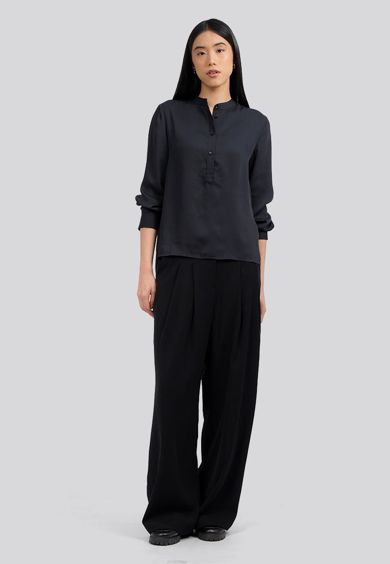 Mandarin Collar Half Placket Blouse Black