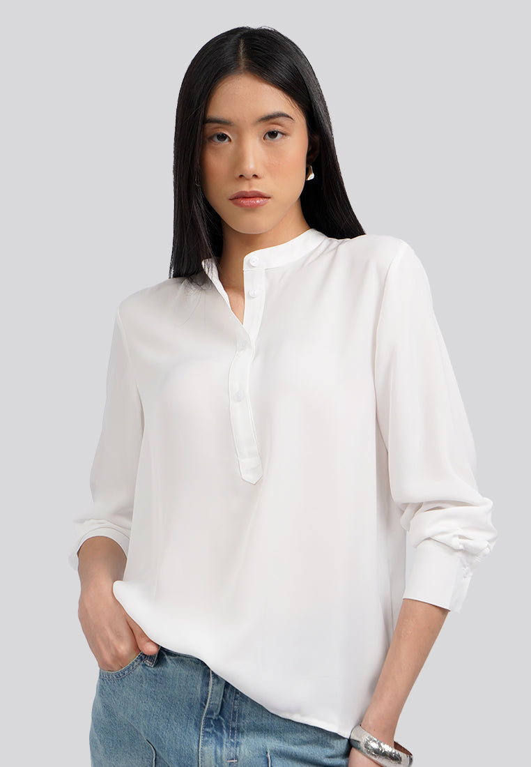 Mandarin Collar Half Placket Blouse Off White