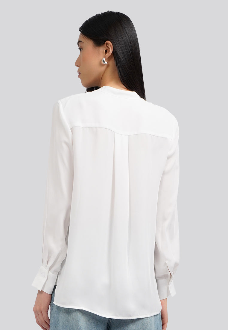 Mandarin Collar Half Placket Blouse Off White