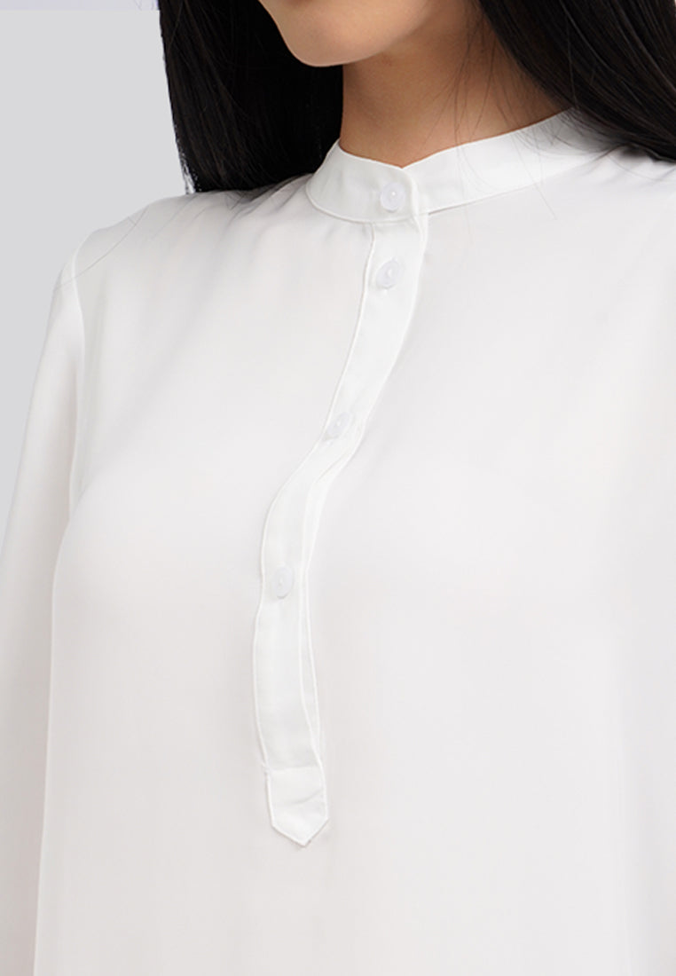 Mandarin Collar Half Placket Blouse Off White