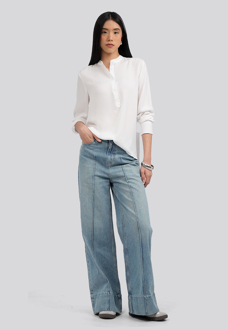 Mandarin Collar Half Placket Blouse Off White