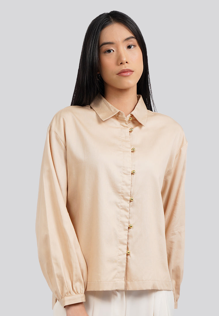 Puff Sleeves Collared Blouse Khaki