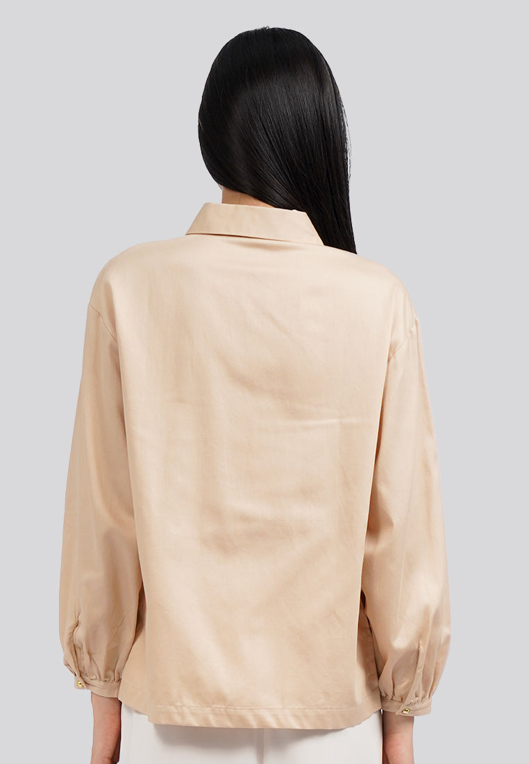 Puff Sleeves Collared Blouse Khaki