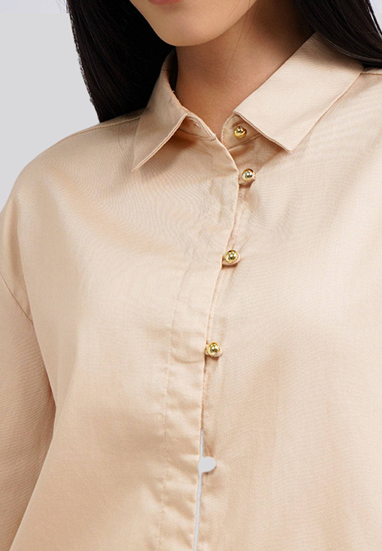 Puff Sleeves Collared Blouse Khaki