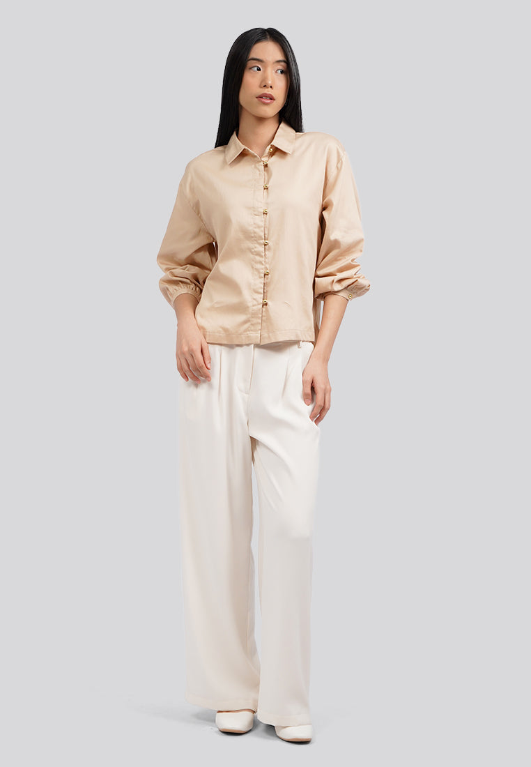 Puff Sleeves Collared Blouse Khaki