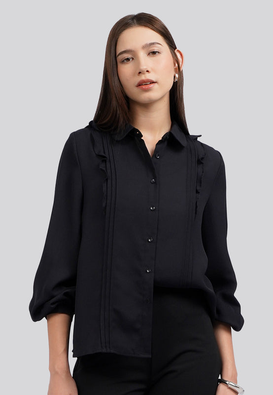 Long Sleeve Raffled Pintuck Blouse