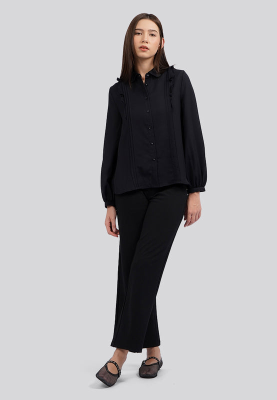 Long Sleeve Raffled Pintuck Blouse