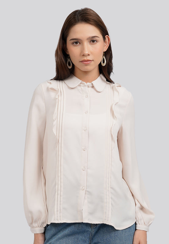 Long Sleeve Raffled Pintuck Blouse