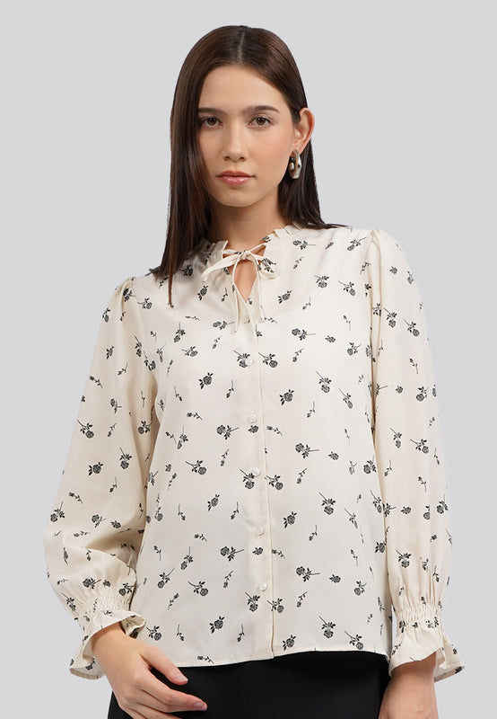 Long Sleeve Printed Ruffle Blouse