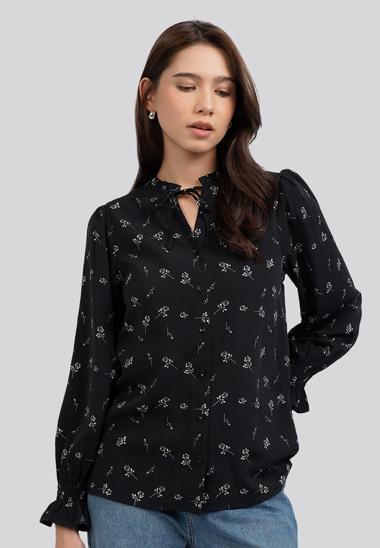 Long Sleeve Printed Ruffle Blouse