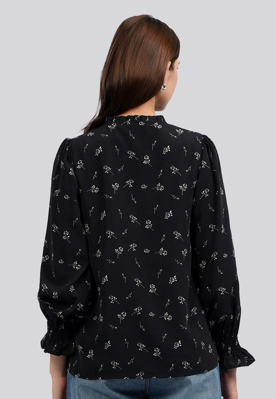 Long Sleeve Printed Ruffle Blouse