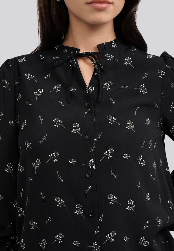 Long Sleeve Printed Ruffle Blouse