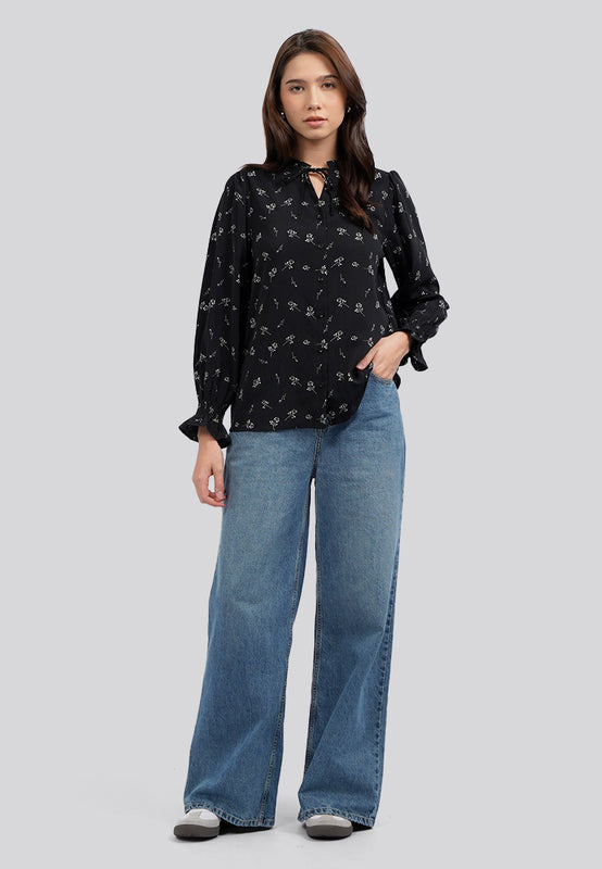 Long Sleeve Printed Ruffle Blouse